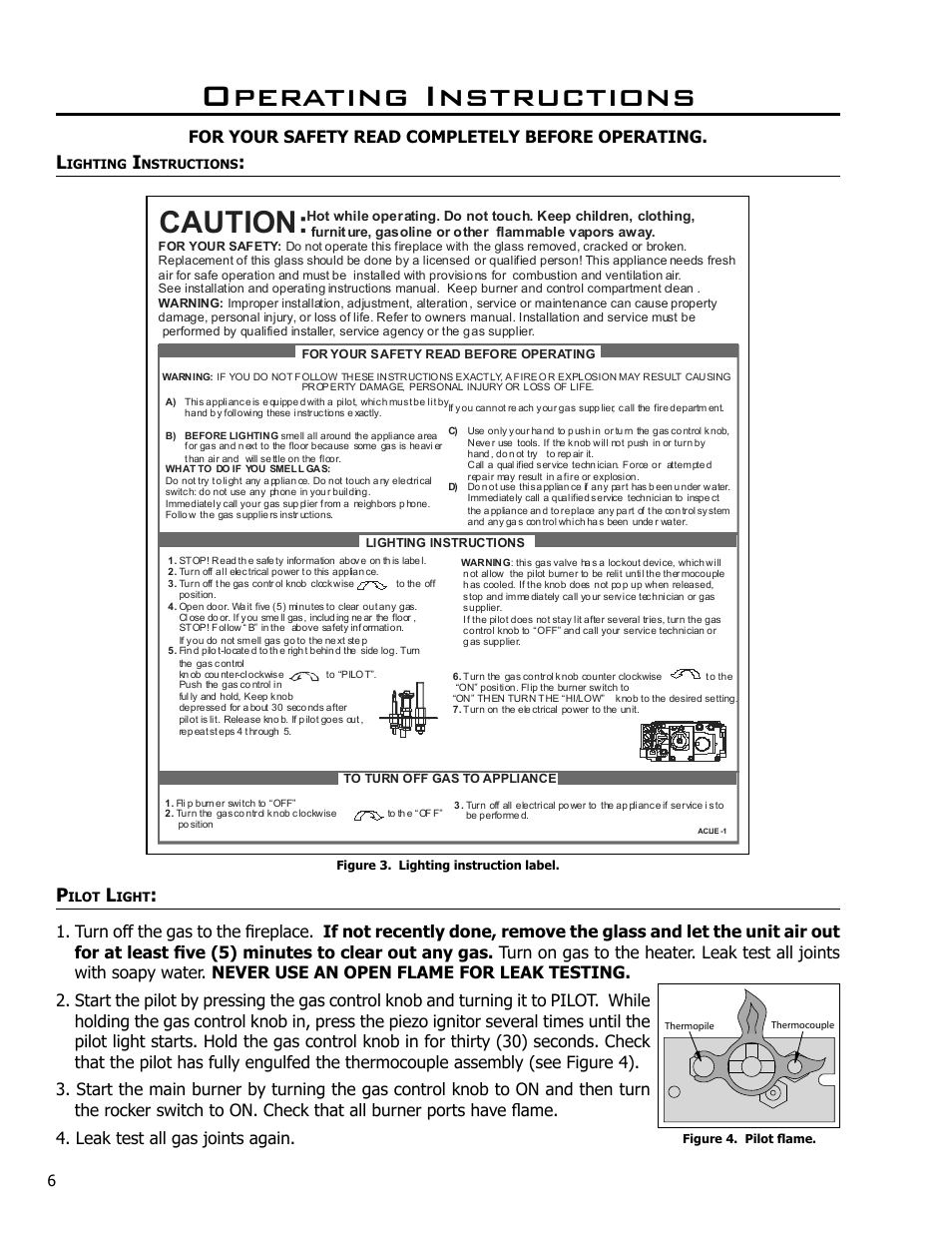 Operating instructions, Lighting instructions, Pilot light | Lighting instructions pilot light, Caution, For your safety read completely before operating | Enviro Ascot 50-029 User Manual | Page 6 / 33