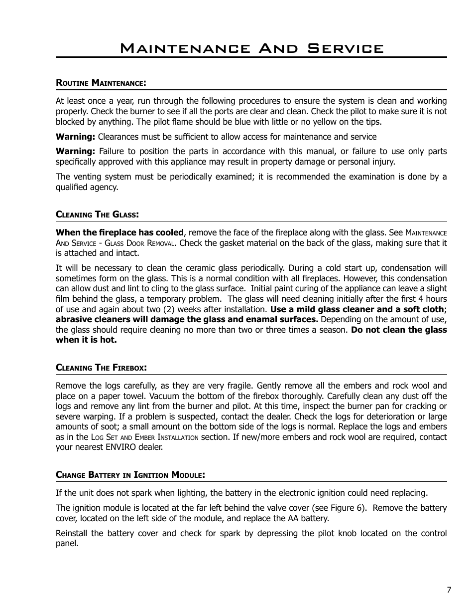 Maintenance and service, Routine maintenance, Cleaning the glass | Cleaning the firebox, Change battery in ignition module | Enviro Ascot 50-029 User Manual | Page 7 / 33