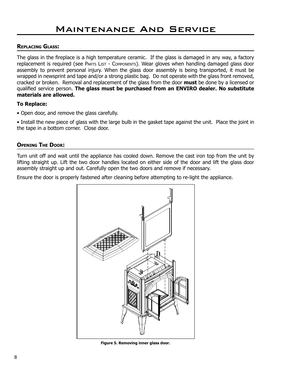 Replacing glass, Maintenance and service | Enviro Ascot 50-029 User Manual | Page 8 / 33