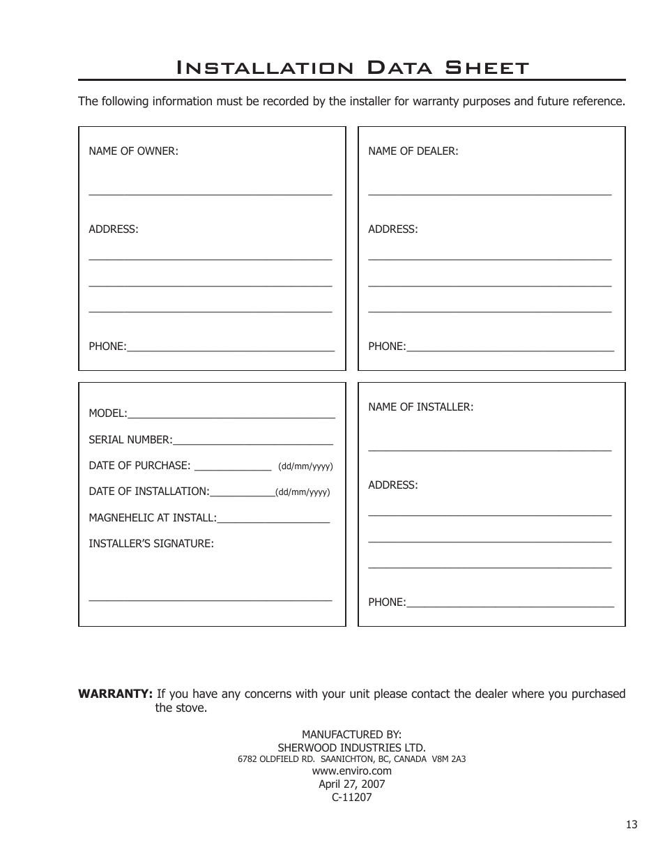 Installation data sheet | Enviro 50-1573 User Manual | Page 13 / 13