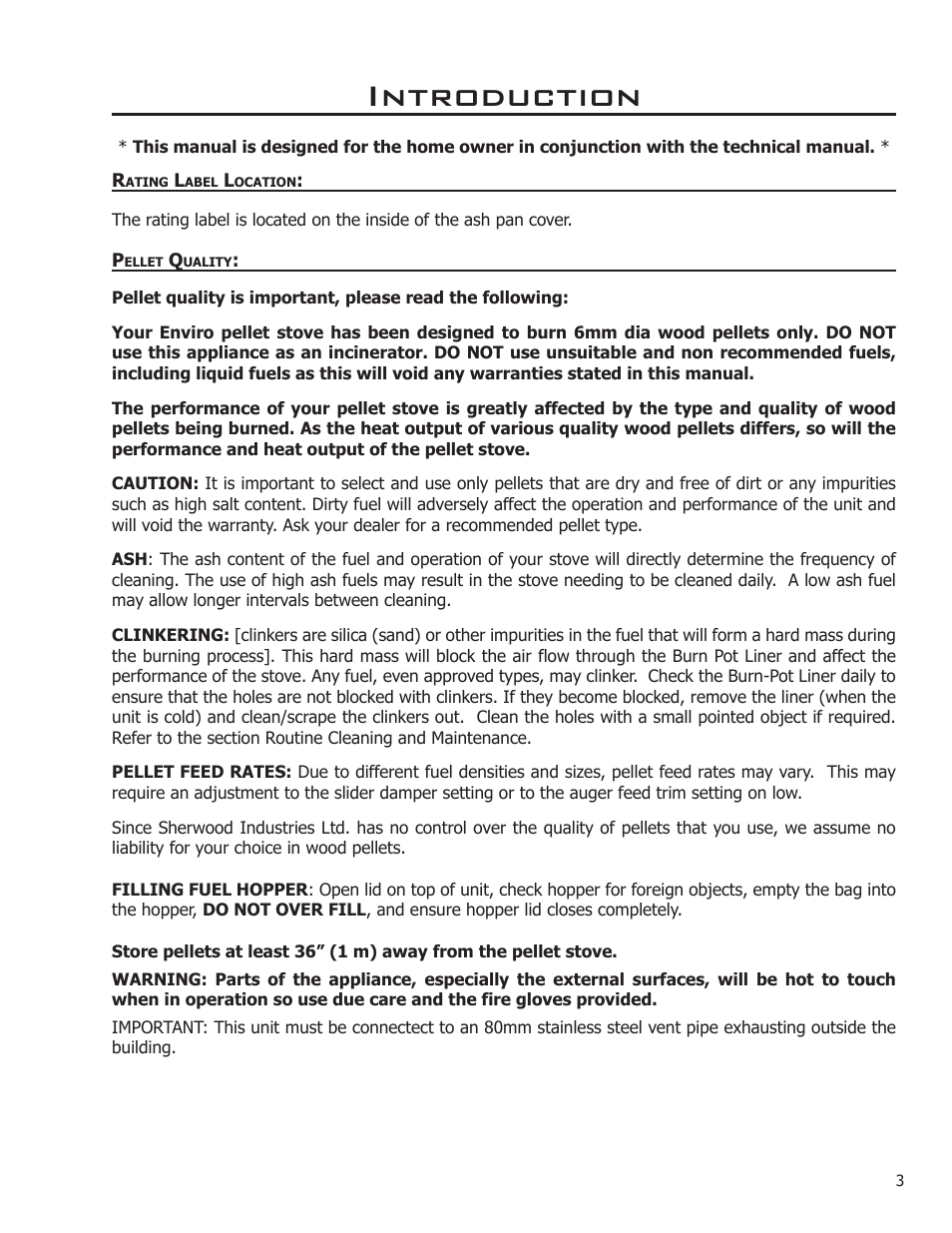 Introduction, Rating label location, Pellet quality | Enviro 50-1573 User Manual | Page 3 / 13