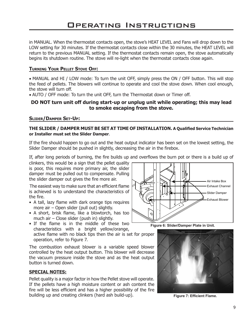 Operating instructions, Turning your pellet stove off, Slider/damper set-up | Enviro 50-1573 User Manual | Page 9 / 13