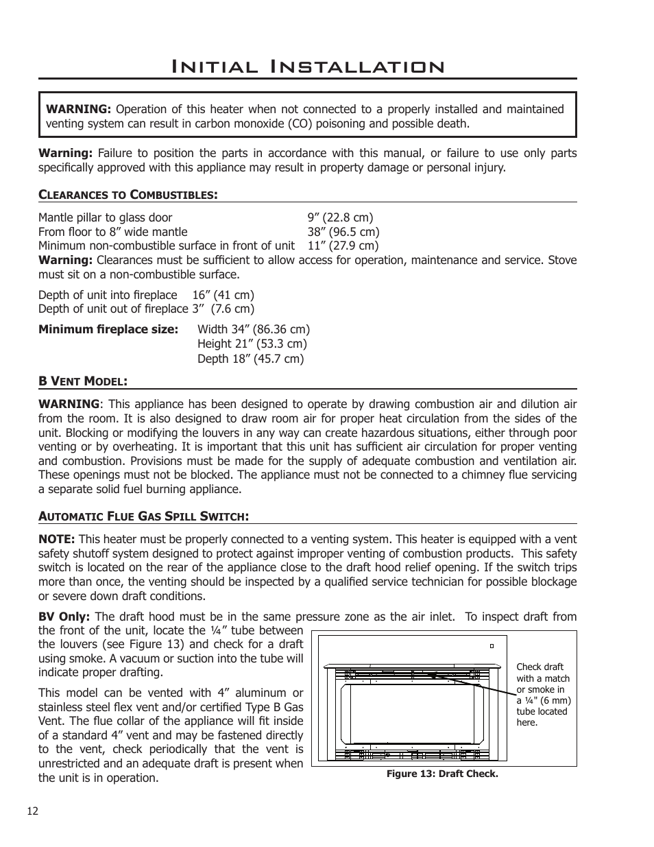 Initial installation, Clearances to combustibles, B vent model | Automatic flue gas spill switch | Enviro FOCUS EG31-118 User Manual | Page 12 / 34