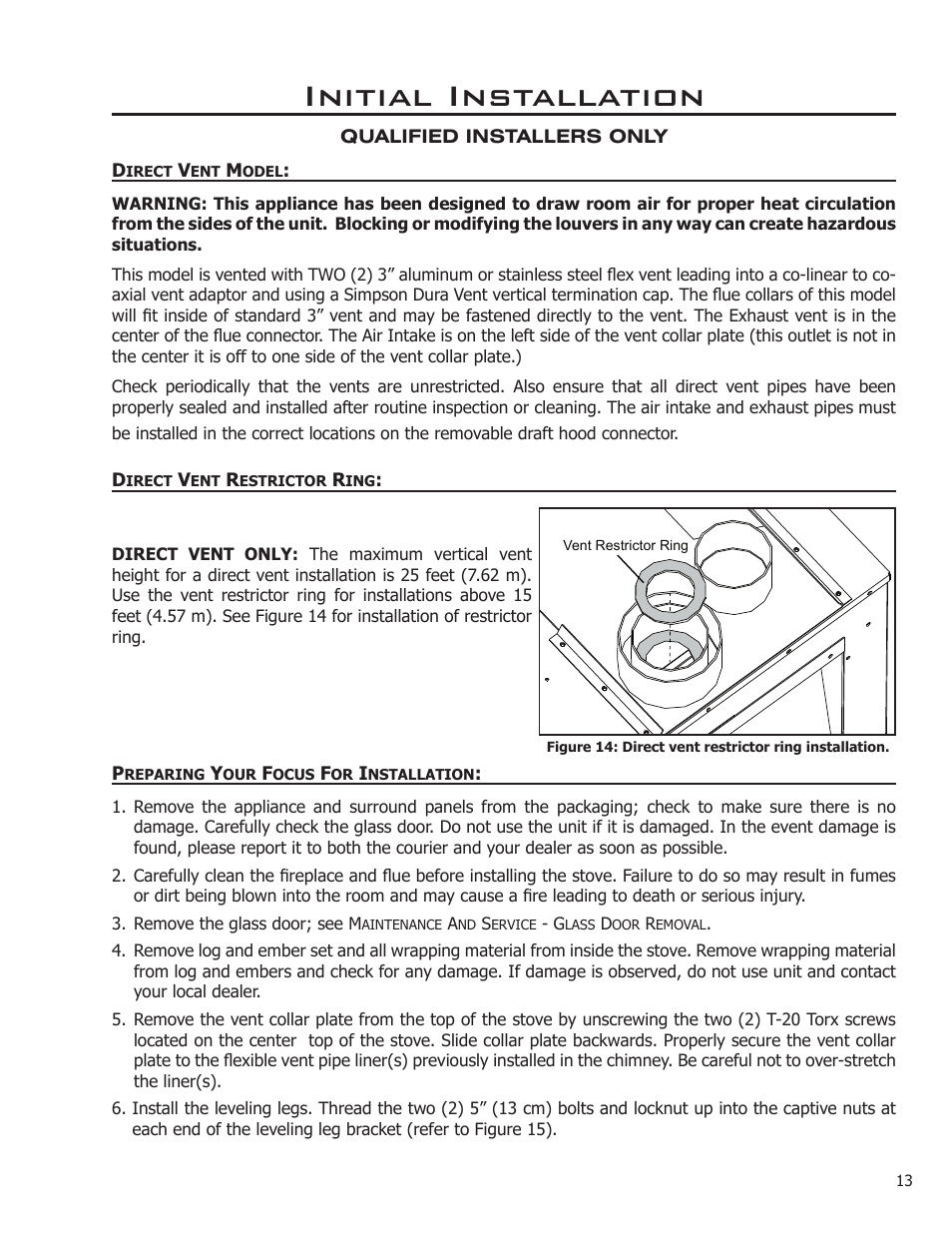 Direct vent model, Direct vent restrictor ring, Preparing your focus for installation | Initial installation | Enviro FOCUS EG31-118 User Manual | Page 13 / 34