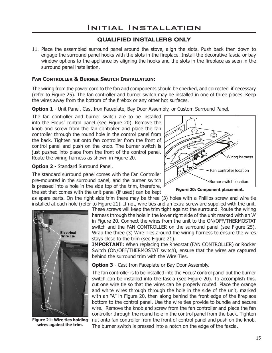 Fan controller & burner switch installation, Initial installation | Enviro FOCUS EG31-118 User Manual | Page 15 / 34