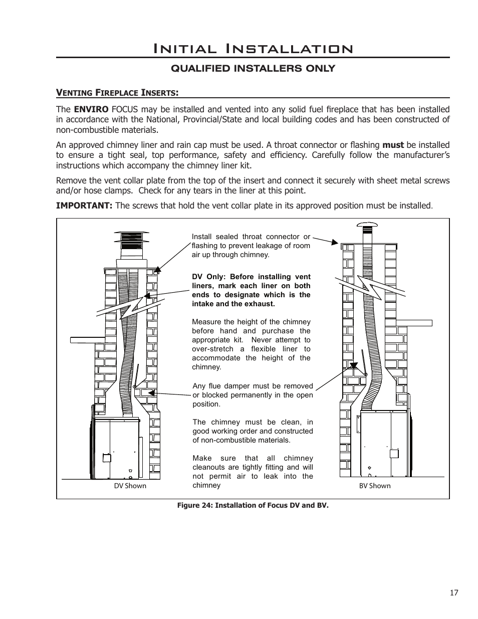 Venting fireplace inserts, Initial installation | Enviro FOCUS EG31-118 User Manual | Page 17 / 34
