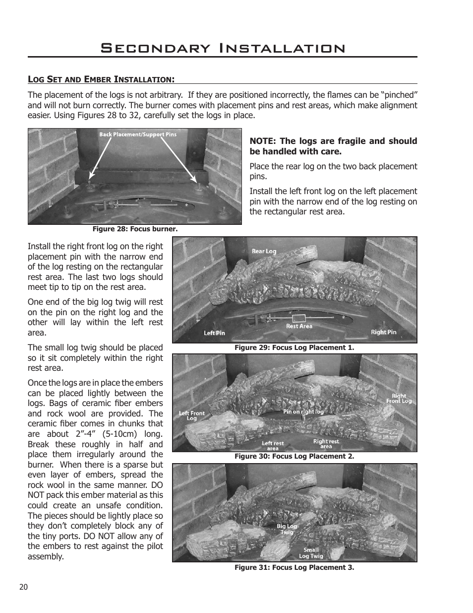 Secondary installation, Log set and ember installation | Enviro FOCUS EG31-118 User Manual | Page 20 / 34