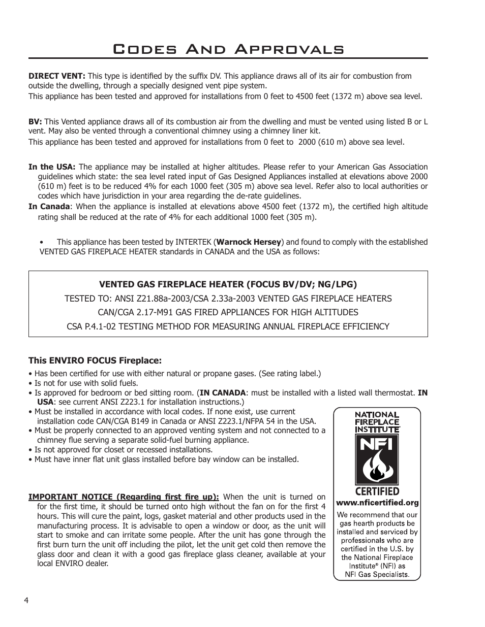 Codes and approvals | Enviro FOCUS EG31-118 User Manual | Page 4 / 34