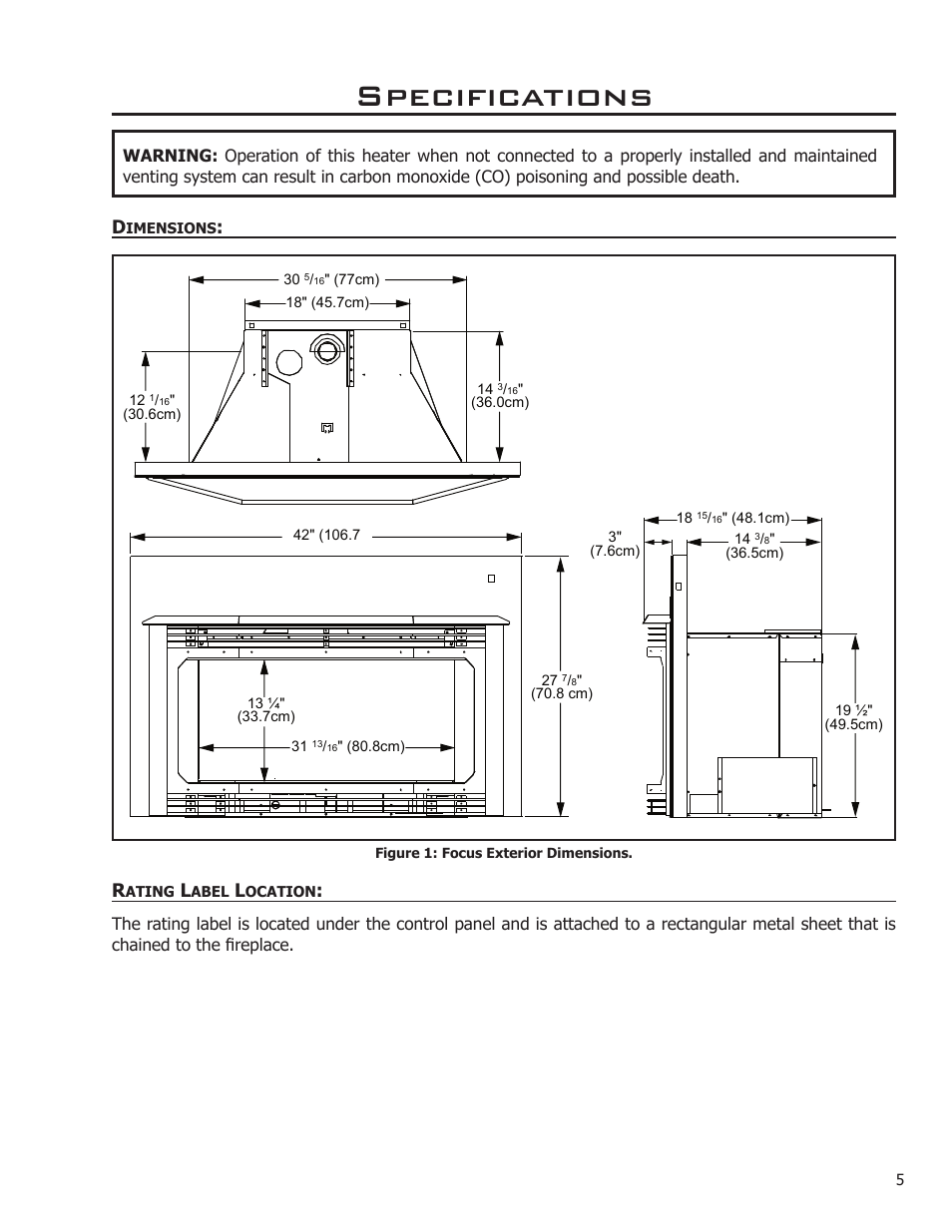 Specifications, Dimensions, Rating label location | Enviro FOCUS EG31-118 User Manual | Page 5 / 34