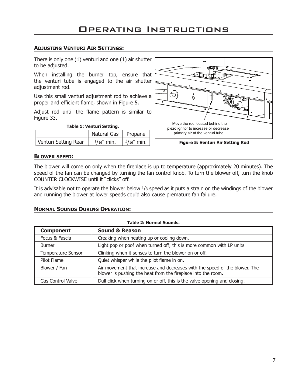 Adjusting venturi air settings, Blower speed, Normal sounds during operation | Operating instructions | Enviro FOCUS EG31-118 User Manual | Page 7 / 34