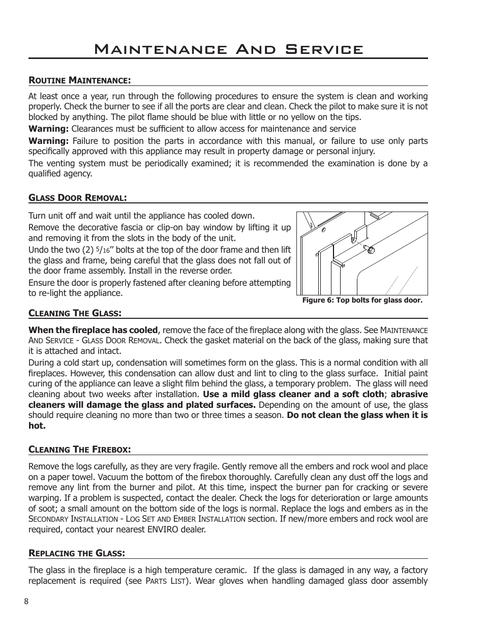 Maintenance and service, Routine maintenance, Glass door removal | Cleaning the glass, Cleaning the firebox, Replacing the glass | Enviro FOCUS EG31-118 User Manual | Page 8 / 34