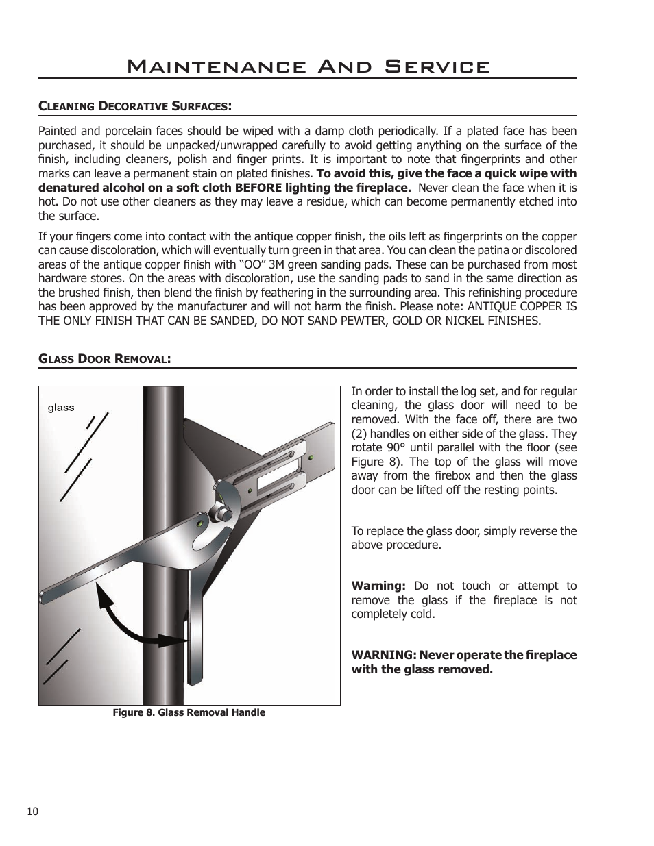 Cleaning decorative surfaces, Glass door removal, Maintenance and service | Enviro DV50DX User Manual | Page 10 / 43