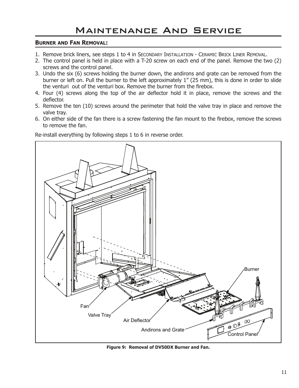 Burner and fan removal, Maintenance and service | Enviro DV50DX User Manual | Page 11 / 43