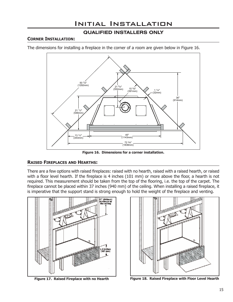 Corner installation, Raised fireplaces and hearths, Initial installation | Qualified installers only c | Enviro DV50DX User Manual | Page 15 / 43