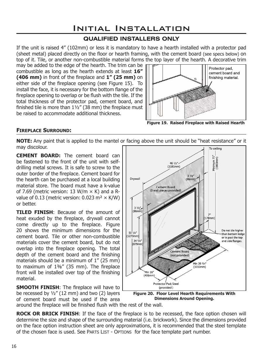 Fireplace surround, Initial installation | Enviro DV50DX User Manual | Page 16 / 43