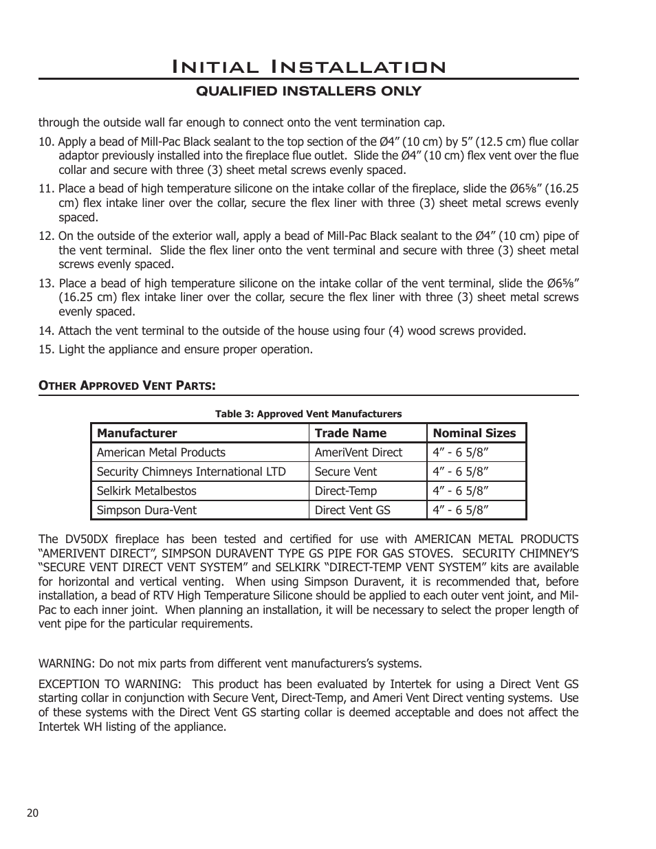 Other approved vent parts, Initial installation | Enviro DV50DX User Manual | Page 20 / 43