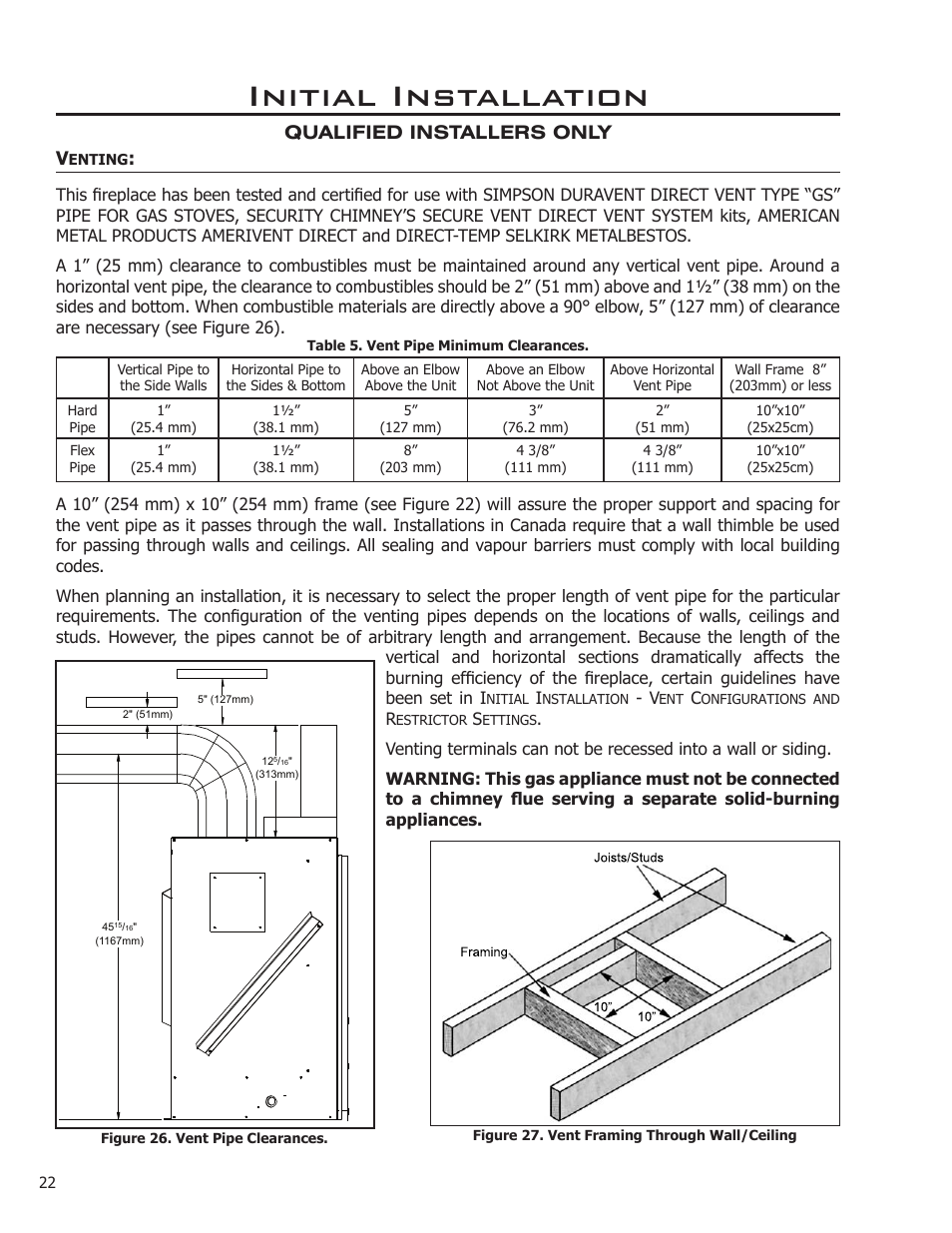 Venting, Initial installation, Qualified installers only v | Enviro DV50DX User Manual | Page 22 / 43