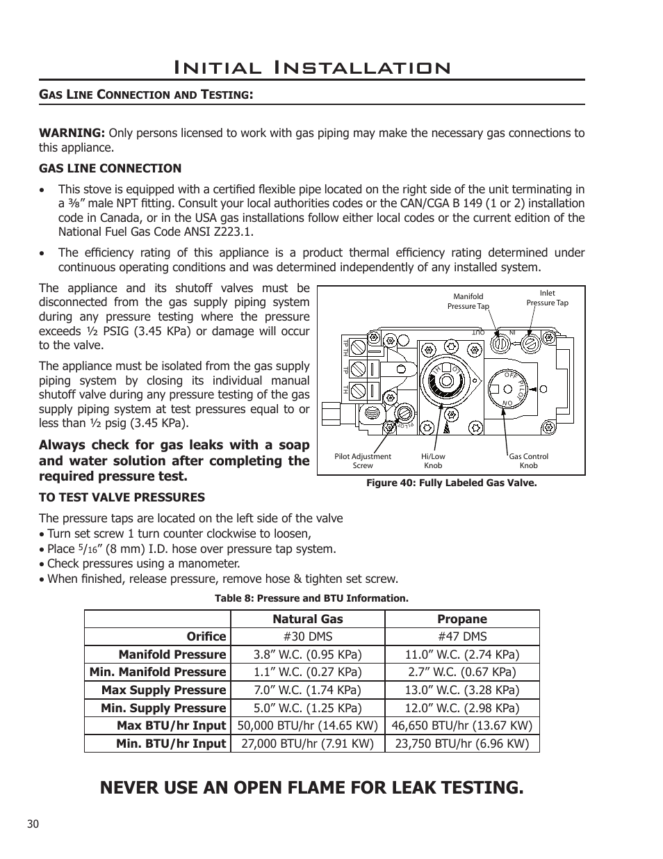 Gas line connection and testing, Initial installation, Never use an open flame for leak testing | Enviro DV50DX User Manual | Page 30 / 43