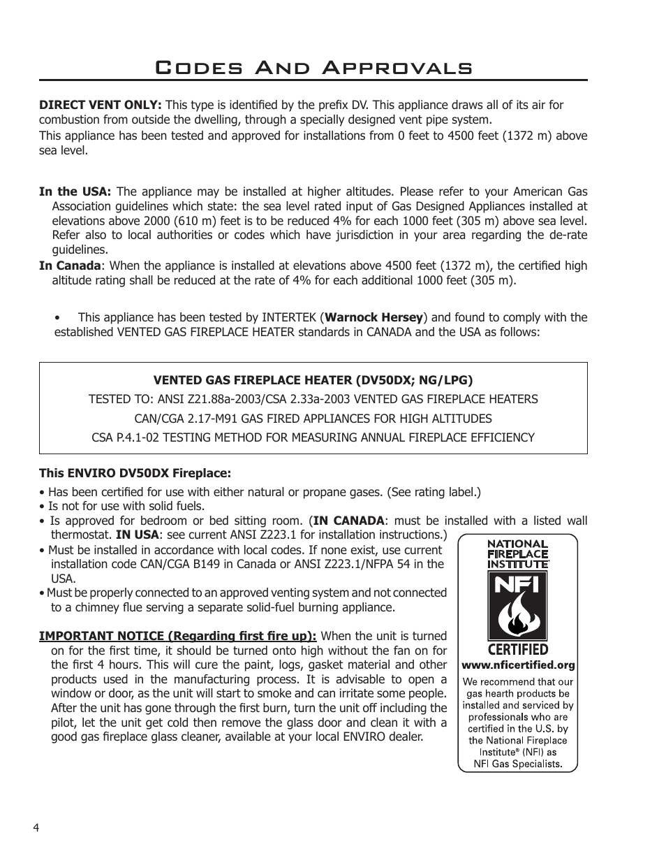 Codes and approvals | Enviro DV50DX User Manual | Page 4 / 43