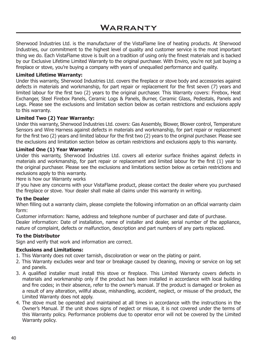 Warranty | Enviro DV50DX User Manual | Page 40 / 43