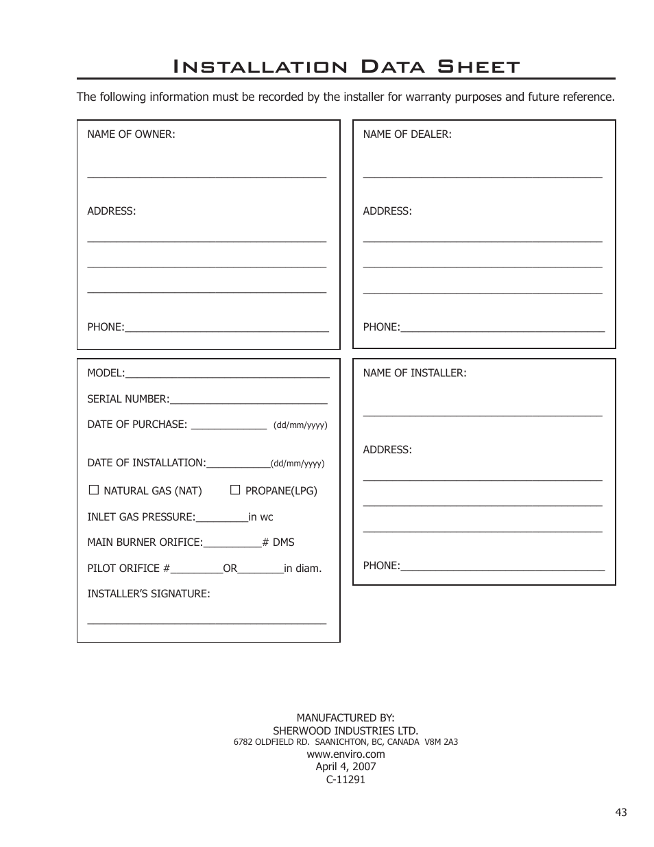 Installation data sheet | Enviro DV50DX User Manual | Page 43 / 43