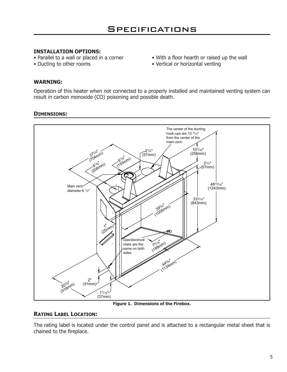 Specifications, Dimensions, Rating label location | Enviro DV50DX User Manual | Page 5 / 43