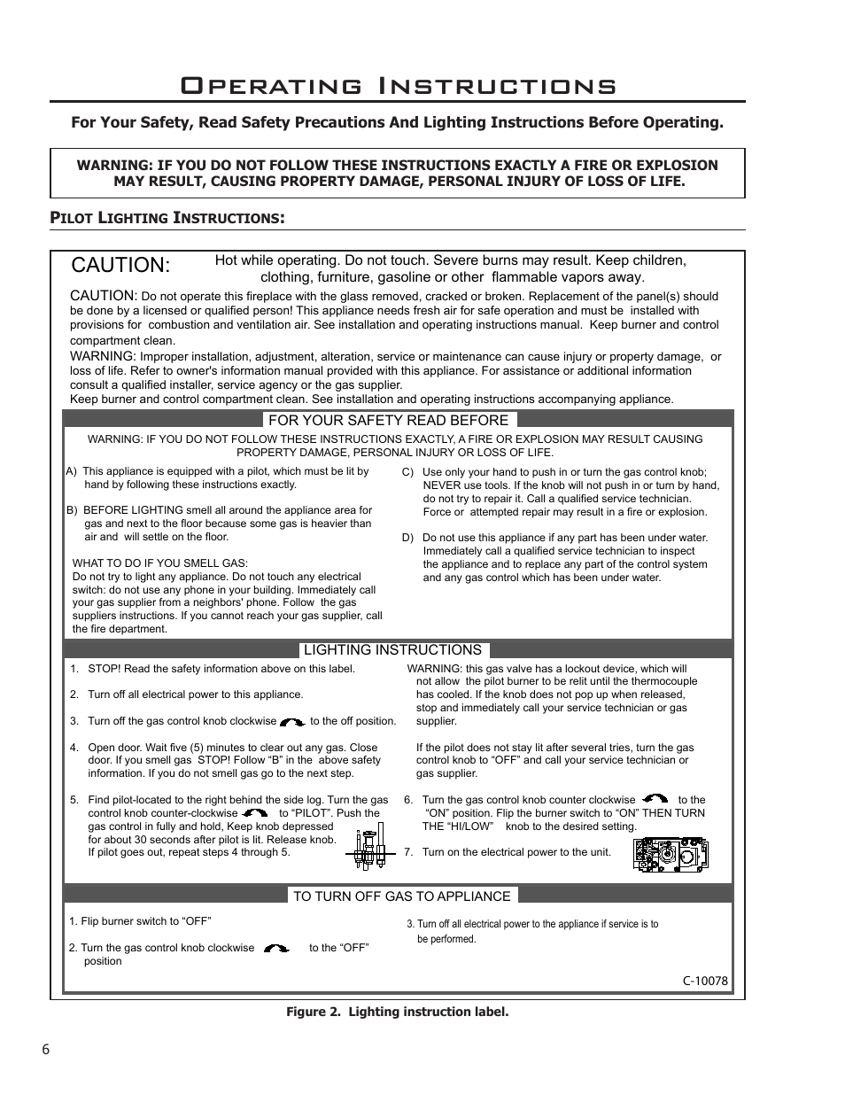 Operating instructions, Pilot lighting instructions, Caution | Enviro DV50DX User Manual | Page 6 / 43