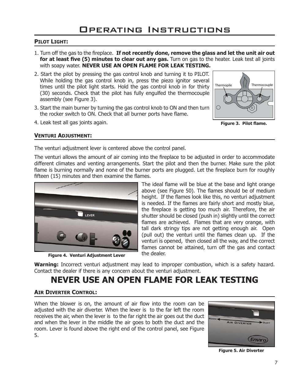 Pilot light, Venturi adjustment, Air diverter control | Operating instructions, Never use an open flame for leak testing | Enviro DV50DX User Manual | Page 7 / 43
