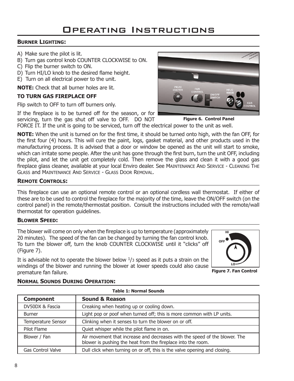 Burner lighting, Remote controls, Blower speed | Normal sounds during operation, Operating instructions | Enviro DV50DX User Manual | Page 8 / 43