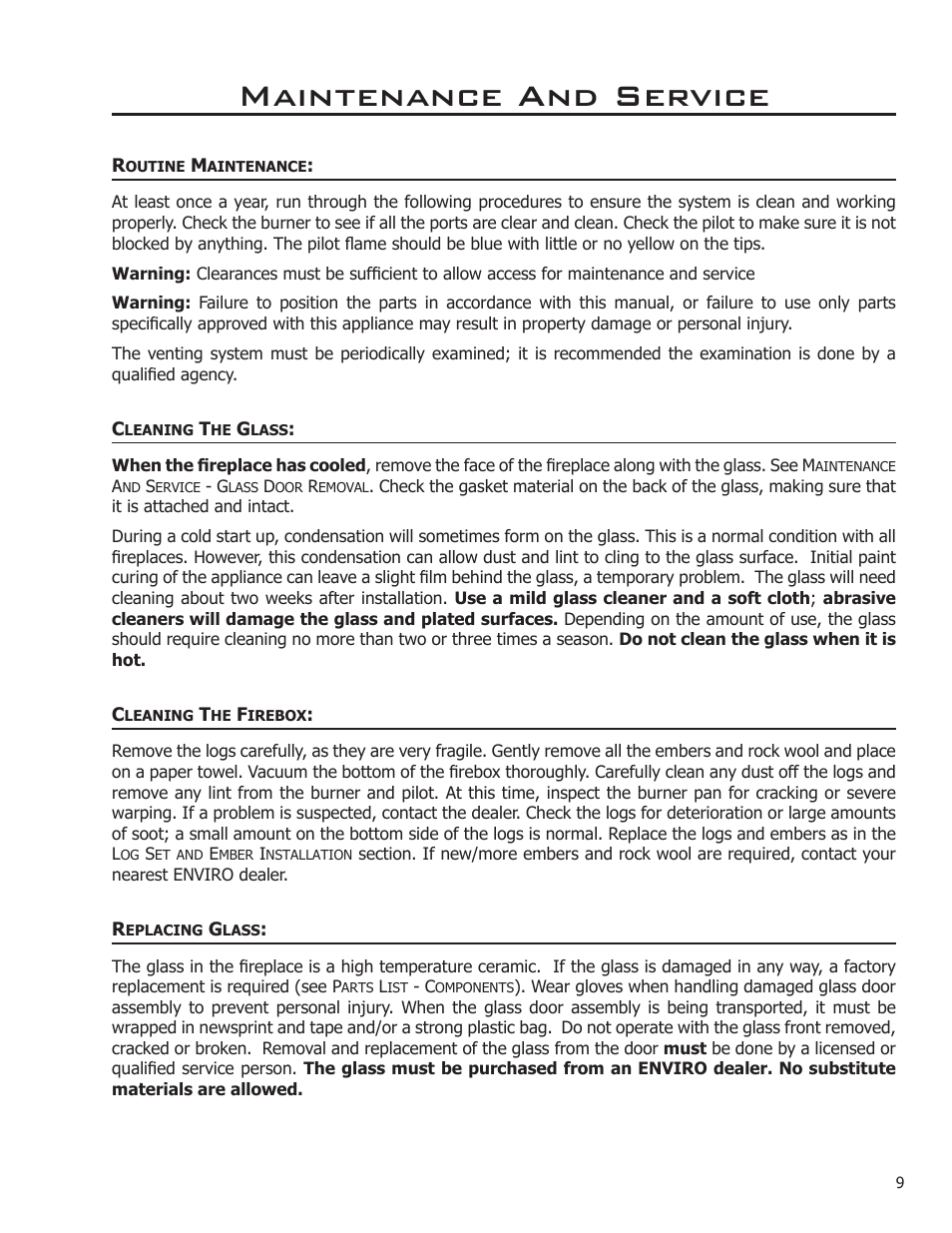 Maintenance and service, Routine maintenance, Cleaning the glass | Cleaning the firebox, Replacing glass | Enviro DV50DX User Manual | Page 9 / 43