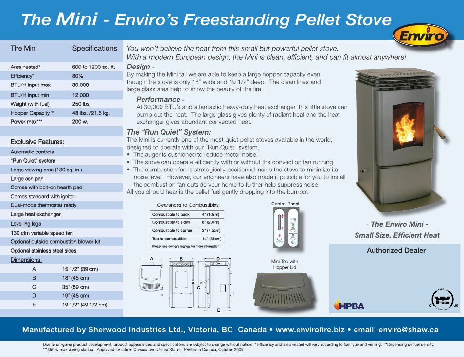 The mini specifications | Enviro Mini Freestanding Pellet Stove User Manual | Page 2 / 2