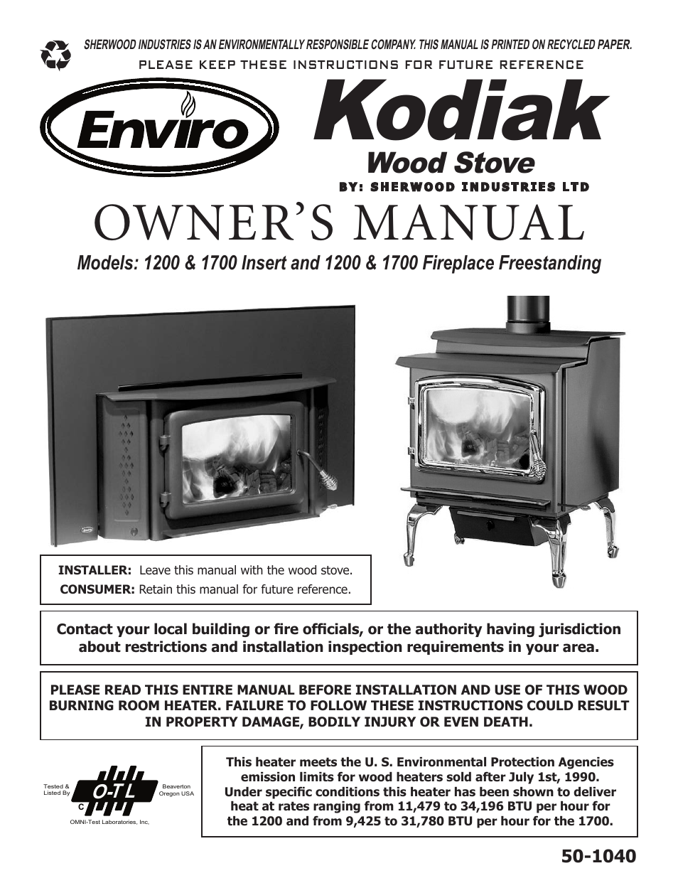 Enviro Kodiak 1200 Fireplace Freestanding User Manual | 56 pages