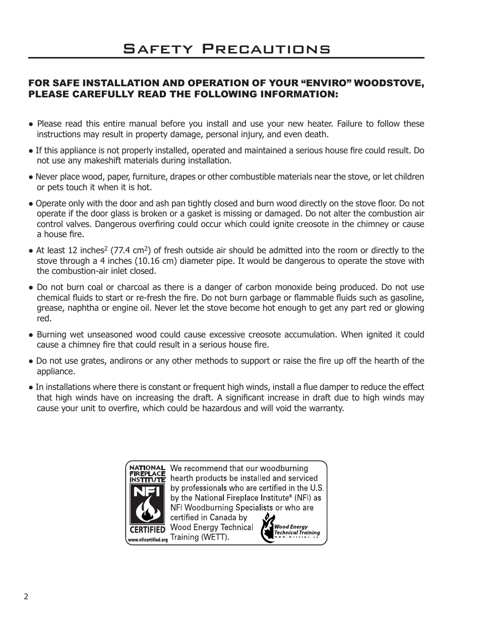 Safety precautions | Enviro 2100 Freestanding User Manual | Page 2 / 22