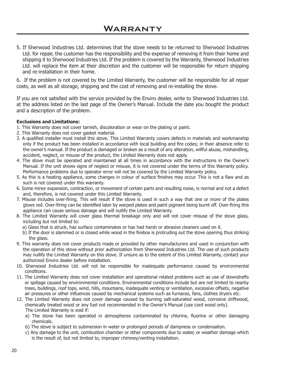 Warranty | Enviro 2100 Freestanding User Manual | Page 20 / 22