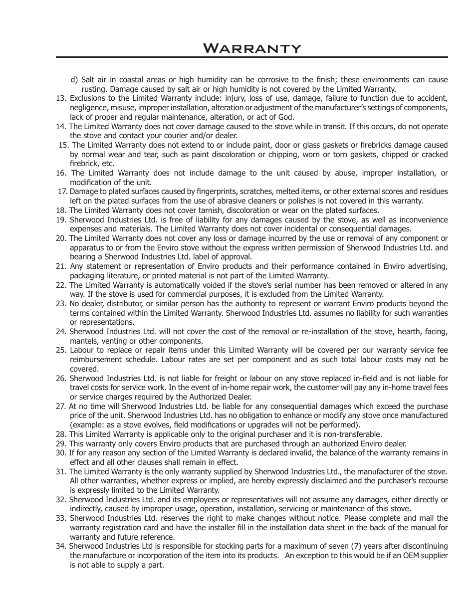 Warranty | Enviro 2100 Freestanding User Manual | Page 21 / 22