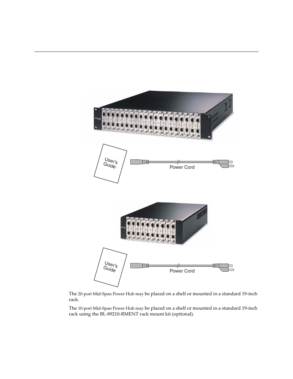 Kit contents, Kit contents -2, Bl-89710ent 10-port mid-span power hub -2 | Figure 2-1, Figure 2-2 | Enterasys Networks BL-89620ENT User Manual | Page 16 / 28