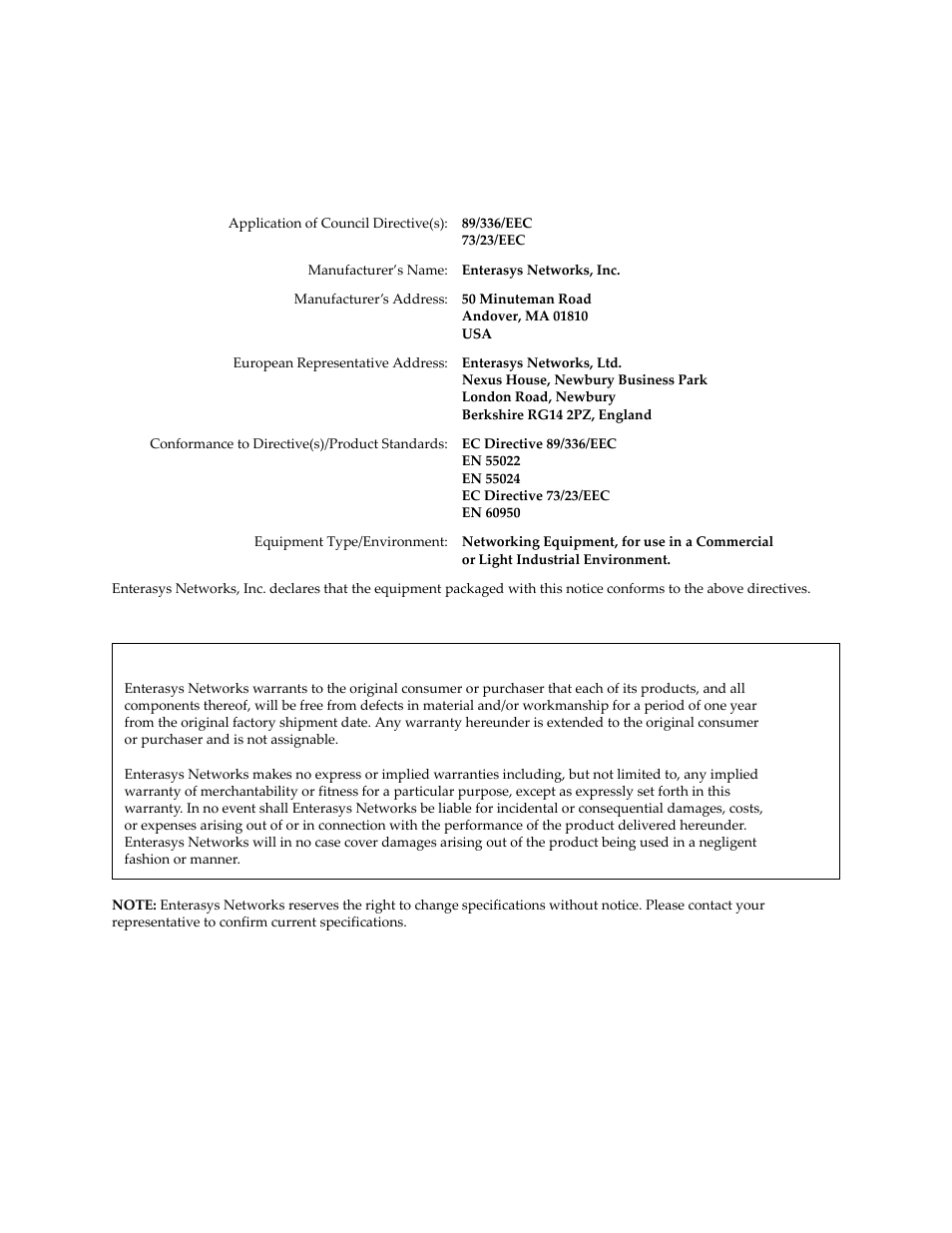 One-year limited warranty | Enterasys Networks BL-89620ENT User Manual | Page 5 / 28