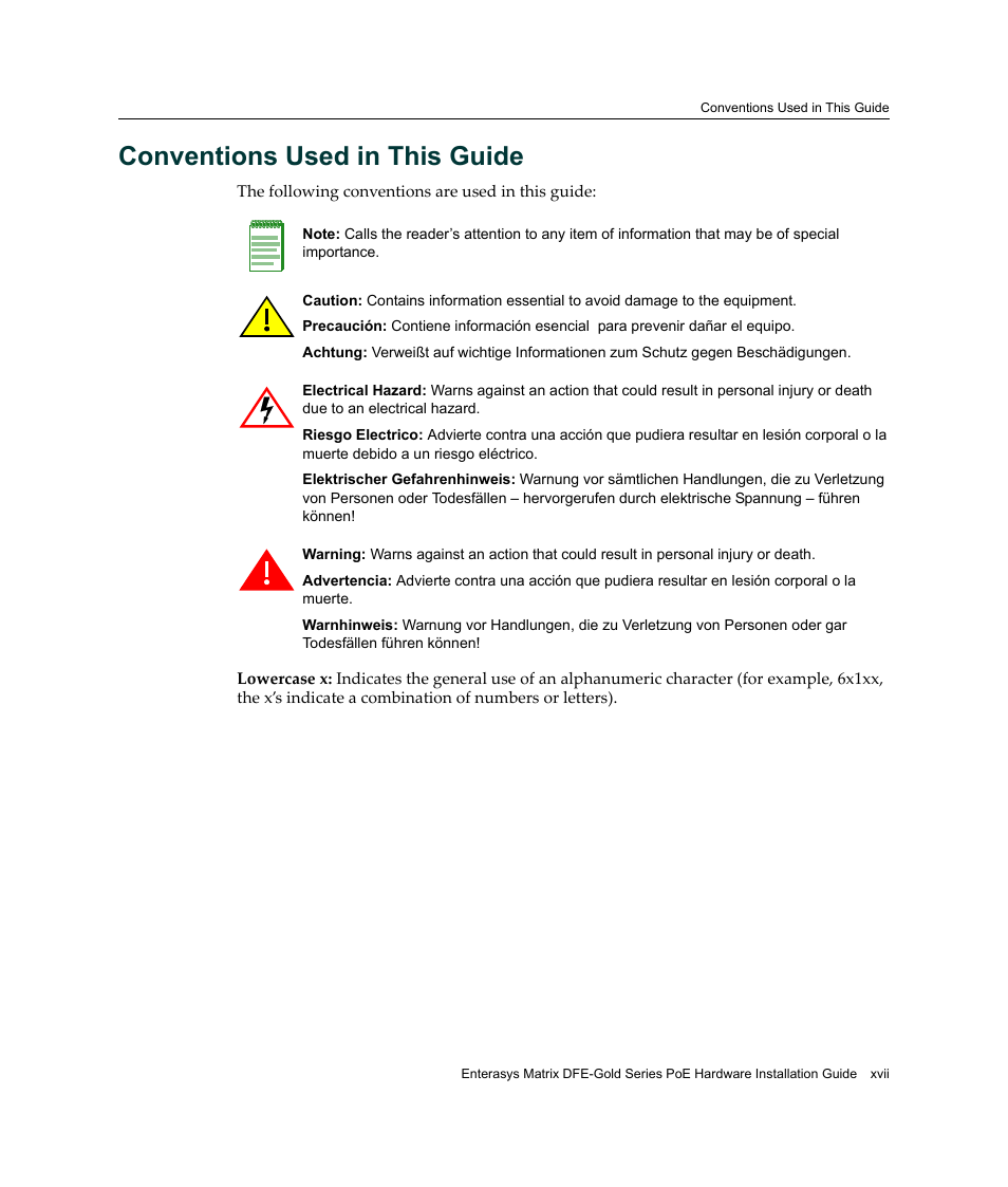 Conventions used in this guide | Enterasys Networks Enterasys Gold Distributed Forwarding Engine 4G4285-49 User Manual | Page 19 / 100