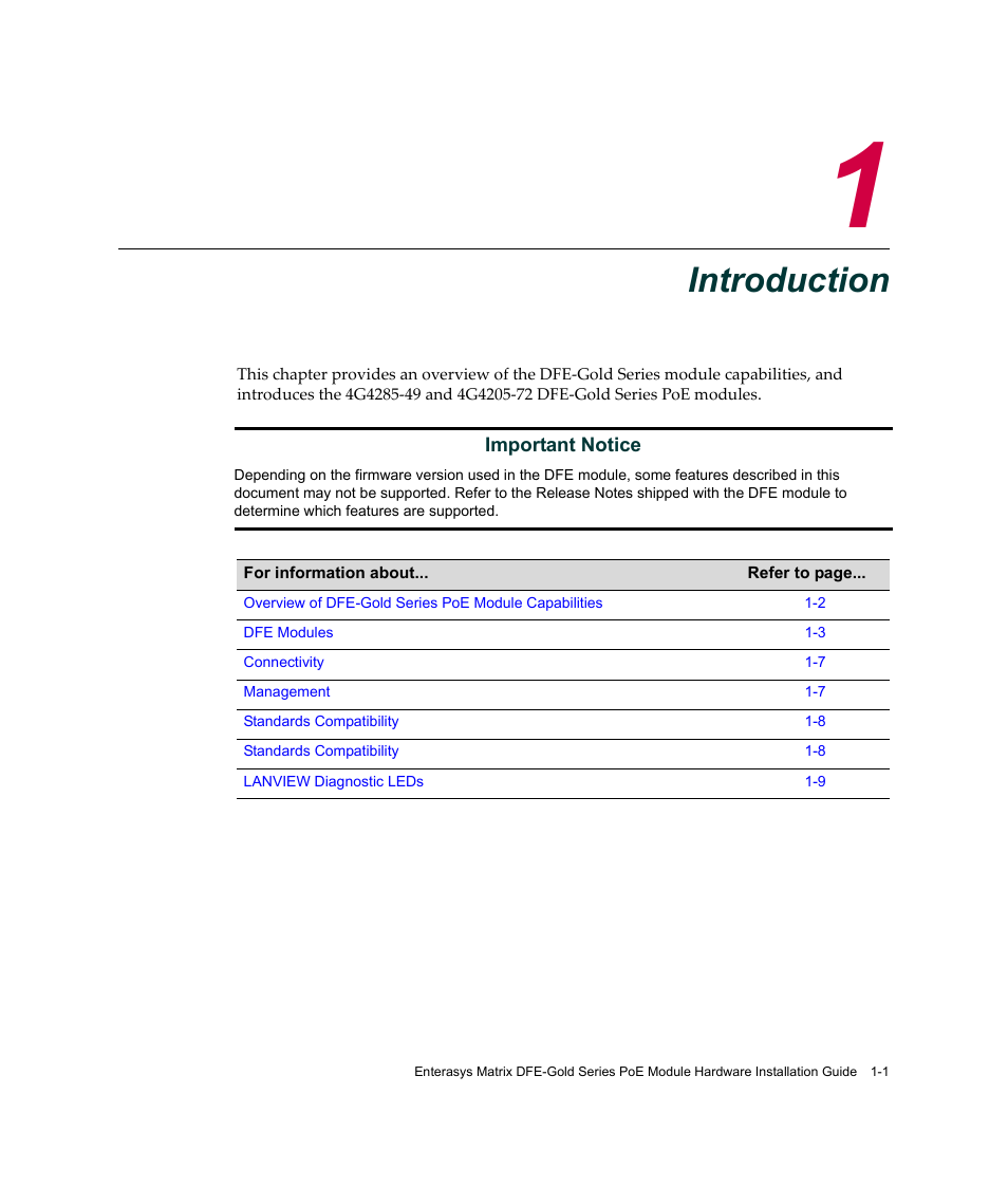 Introduction, Chapter 1: introduction, Hapter 1 | Enterasys Networks Enterasys Gold Distributed Forwarding Engine 4G4285-49 User Manual | Page 21 / 100