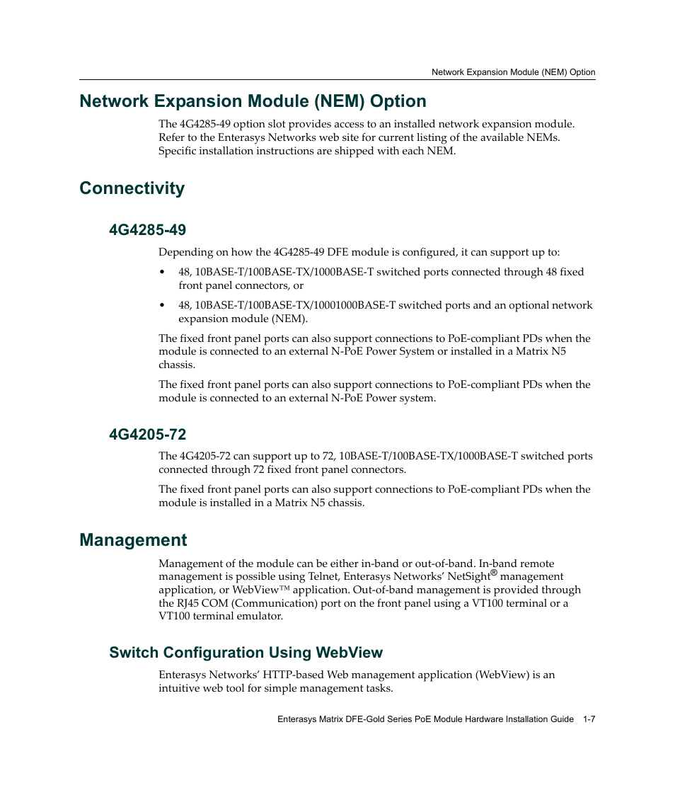 Network expansion module (nem) option, Connectivity, 4g4285-49 | 4g4205-72, Management, Switch configuration using webview, 4g4285-49 -7 4g4205-72 -7, Management -7, Switch configuration using webview -7 | Enterasys Networks Enterasys Gold Distributed Forwarding Engine 4G4285-49 User Manual | Page 27 / 100