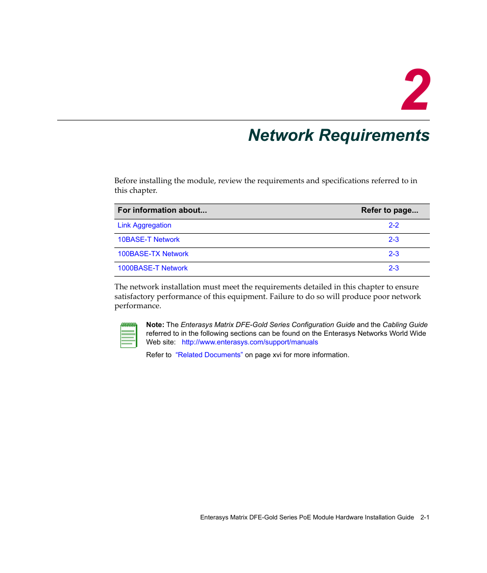 Network requirements, Chapter 2: network requirements, Hapter 2 | Enterasys Networks Enterasys Gold Distributed Forwarding Engine 4G4285-49 User Manual | Page 31 / 100