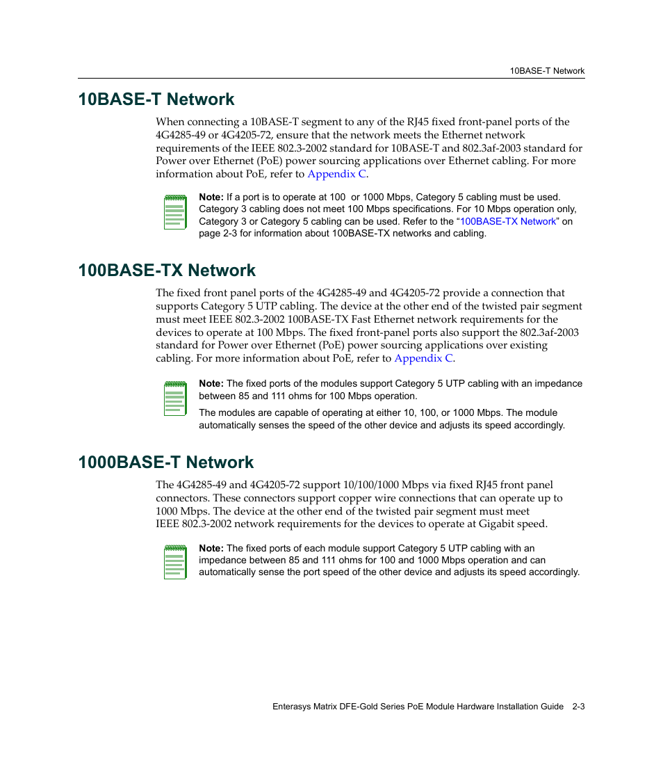 10base-t network, 100base-tx network, 1000base-t network | Enterasys Networks Enterasys Gold Distributed Forwarding Engine 4G4285-49 User Manual | Page 33 / 100