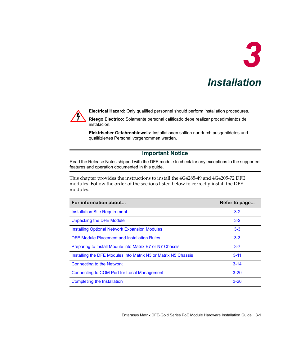 Installation, Chapter 3: installation, Hapter 3 | Enterasys Networks Enterasys Gold Distributed Forwarding Engine 4G4285-49 User Manual | Page 35 / 100