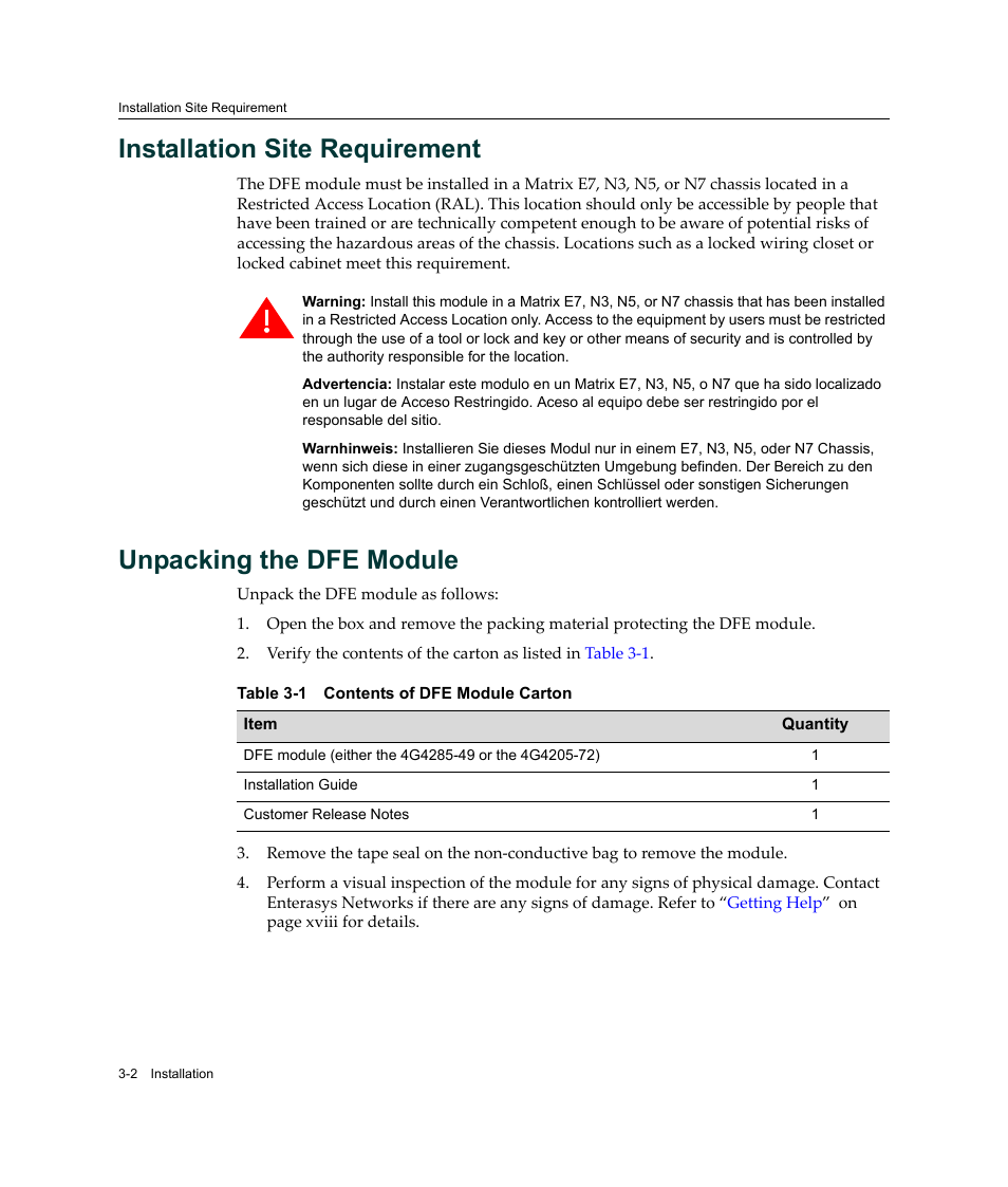 Installation site requirement, Unpacking the dfe module, Contents of dfe module carton -2 | Enterasys Networks Enterasys Gold Distributed Forwarding Engine 4G4285-49 User Manual | Page 36 / 100