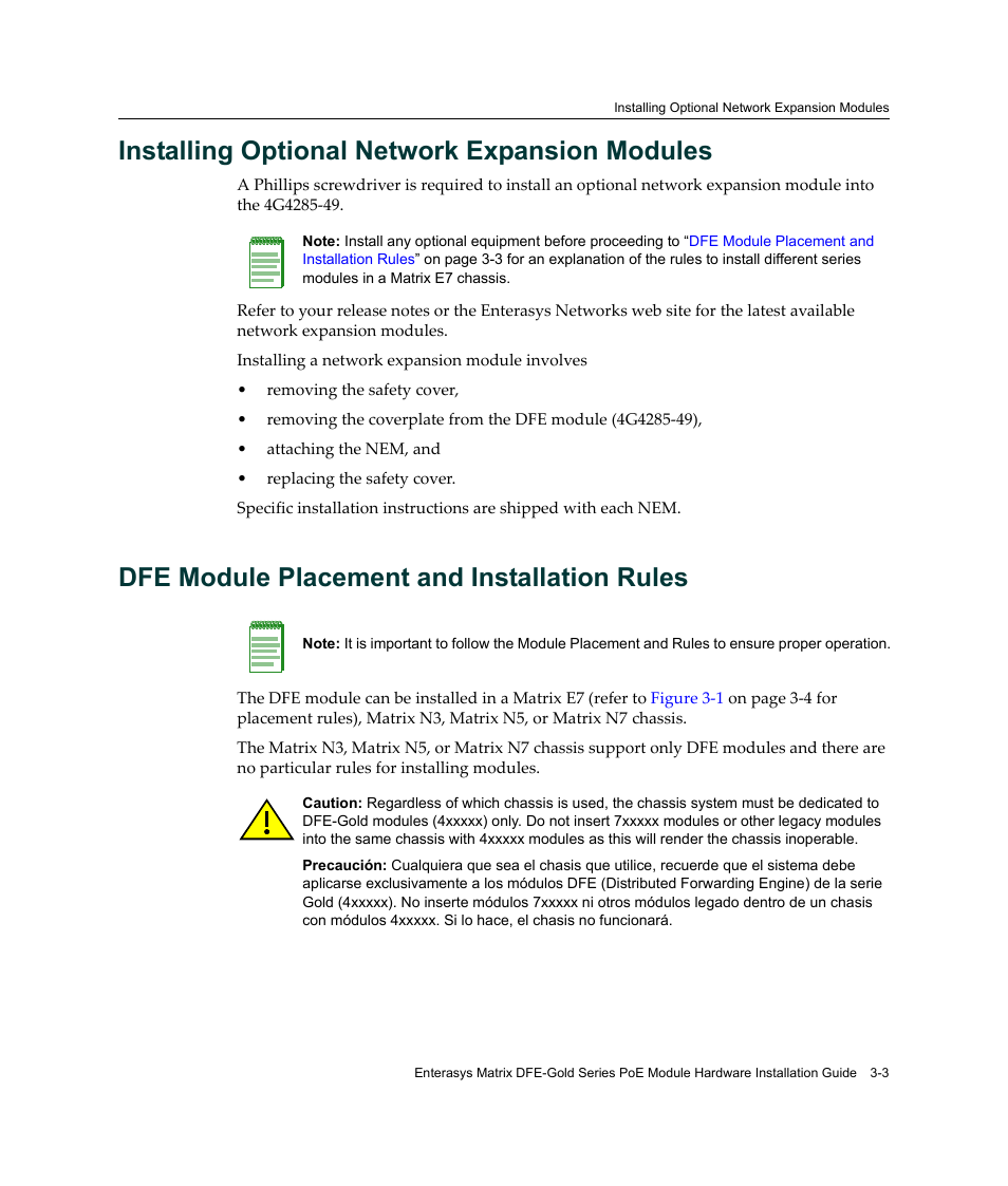 Installing optional network expansion modules, Dfe module placement and installation rules, Dfe module placement and | Installation rules | Enterasys Networks Enterasys Gold Distributed Forwarding Engine 4G4285-49 User Manual | Page 37 / 100