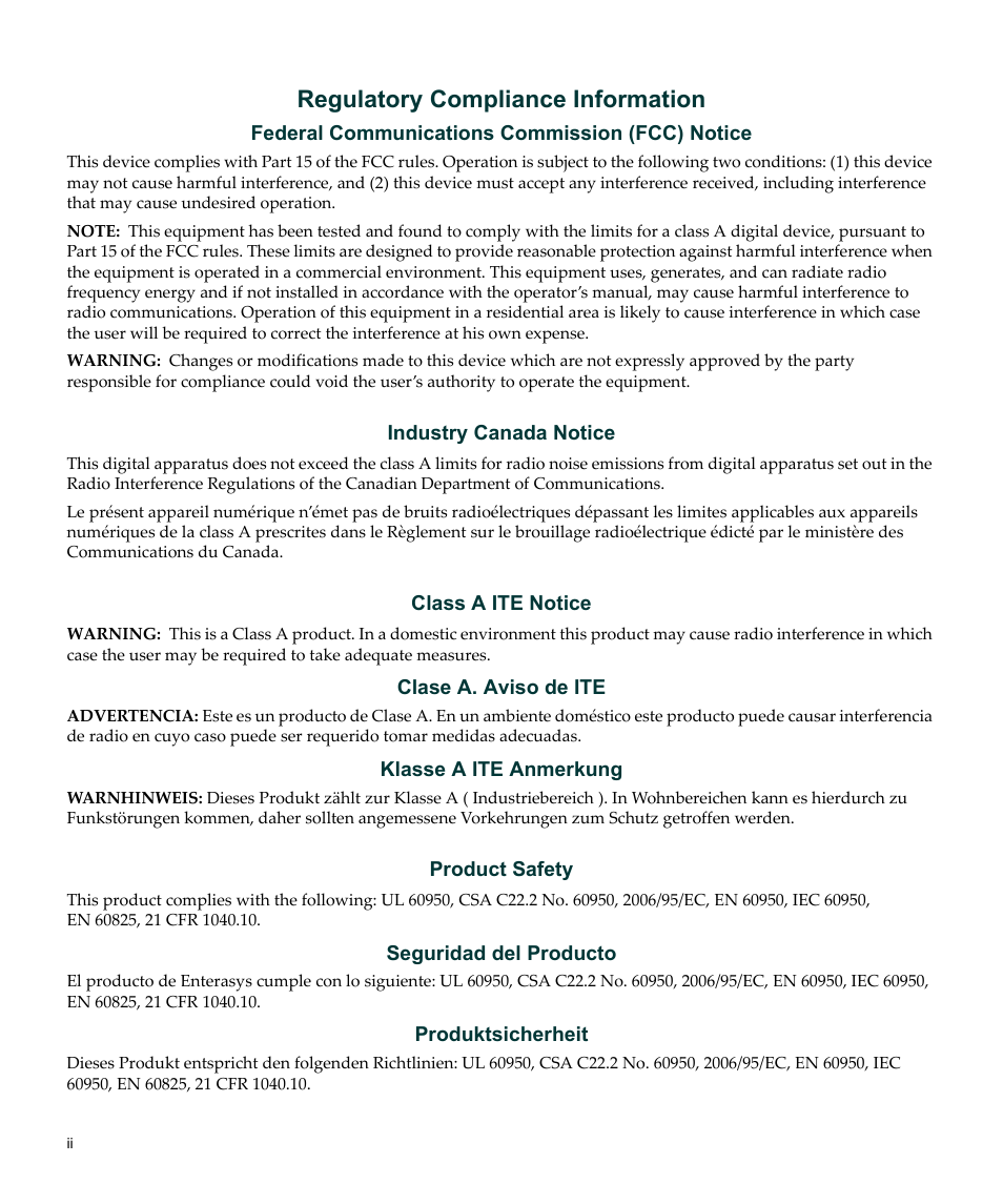 Regulatory compliance information | Enterasys Networks Enterasys Gold Distributed Forwarding Engine 4G4285-49 User Manual | Page 4 / 100