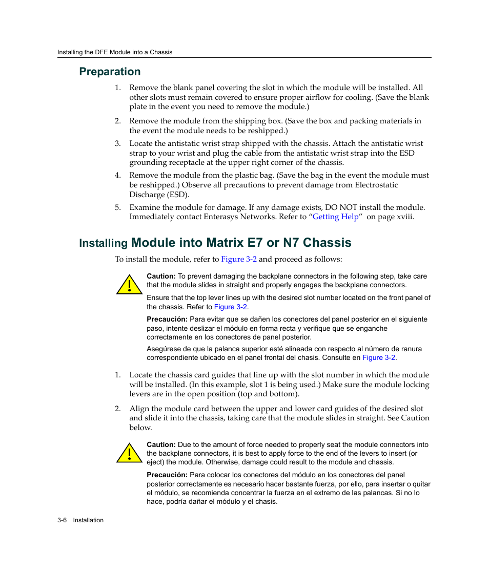 Preparation, Installing module into matrix e7 or n7 chassis, Module into matrix e7 or n7 chassis | Installing | Enterasys Networks Enterasys Gold Distributed Forwarding Engine 4G4285-49 User Manual | Page 40 / 100