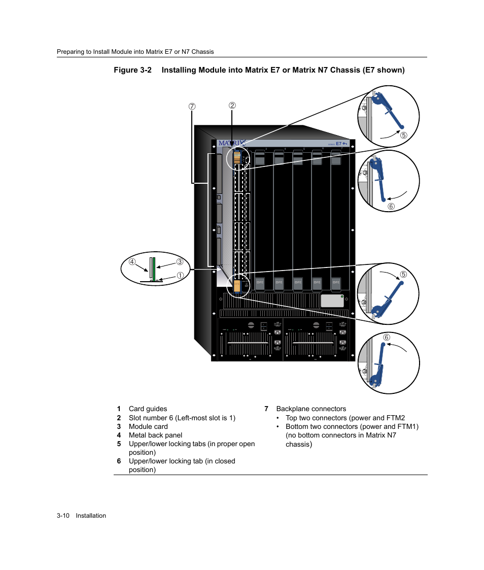 Figure 3‐2, Sis. refer to, Figure 3-2 | Жг в а, 6 upper/lower locking tab (in closed position), Power fan | Enterasys Networks Enterasys Gold Distributed Forwarding Engine 4G4285-49 User Manual | Page 44 / 100