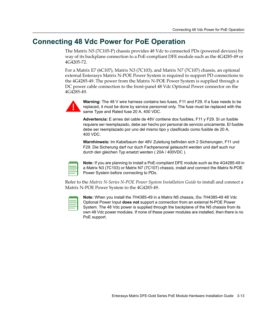 Connecting 48 vdc power for poe operation, Connecting 48 vdc power for poe operation -13 | Enterasys Networks Enterasys Gold Distributed Forwarding Engine 4G4285-49 User Manual | Page 47 / 100