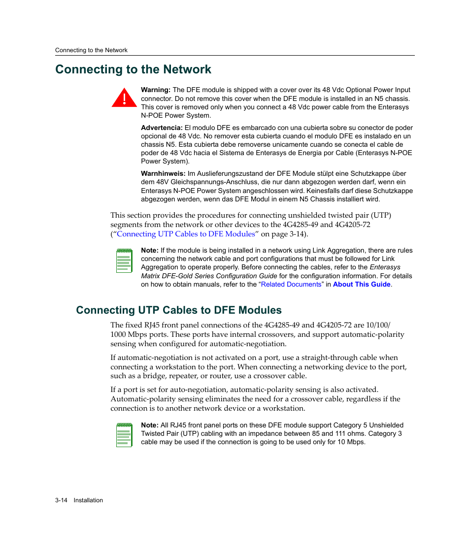 Connecting to the network, Connecting utp cables to dfe modules, Connecting to the network -14 | Connecting utp cables to dfe modules -14 | Enterasys Networks Enterasys Gold Distributed Forwarding Engine 4G4285-49 User Manual | Page 48 / 100